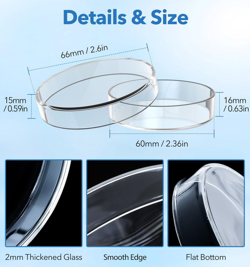 FOUR E'S SCIENTIFIC 60mm Glass Petri Dishes with Lids, High Borosilicate Glass Culture Dishes for School, Laboratory, Science Project, Pack of 20 60 MM