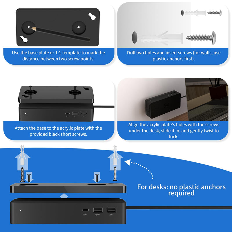 Under Desk and Wall Mount for Dell Universal Dock UD22, Acrylic Docking Station Mount Holder (Black Plate Only)