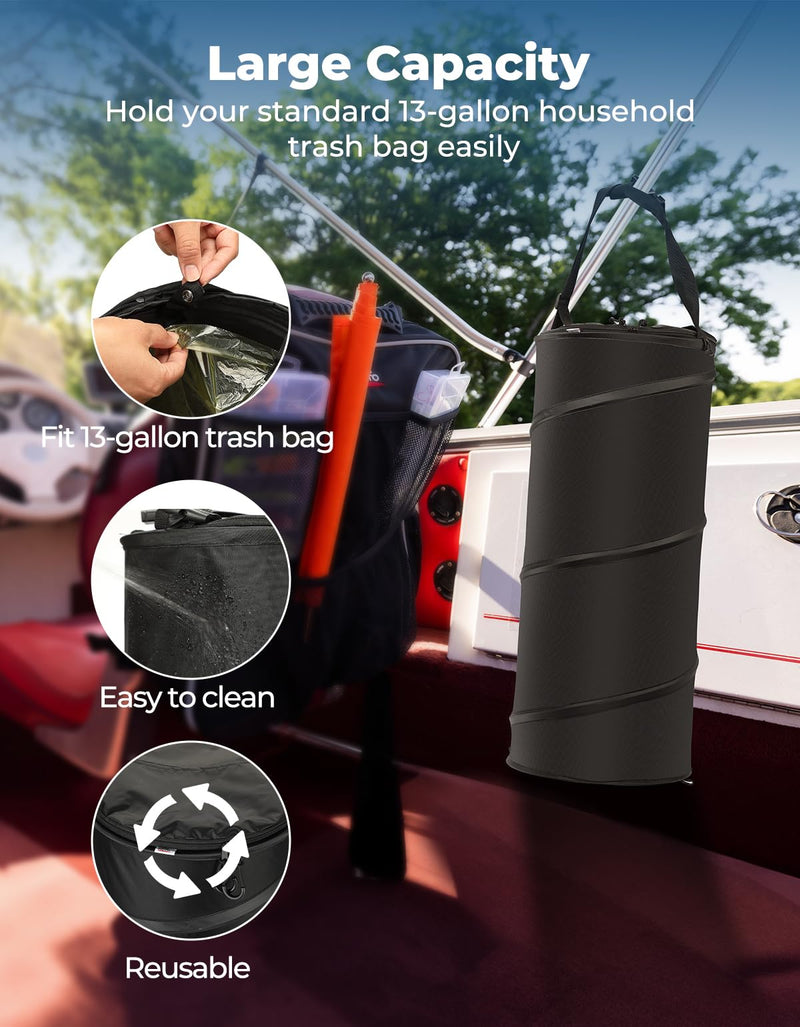 KEMIMOTO Boat Trash Can, 50L Marine Caddy Black Bag Boating Trash Bags Reusable Waterproof Boat Garbage Storage for Marine, Kayak, Pontoon Boat, Camping