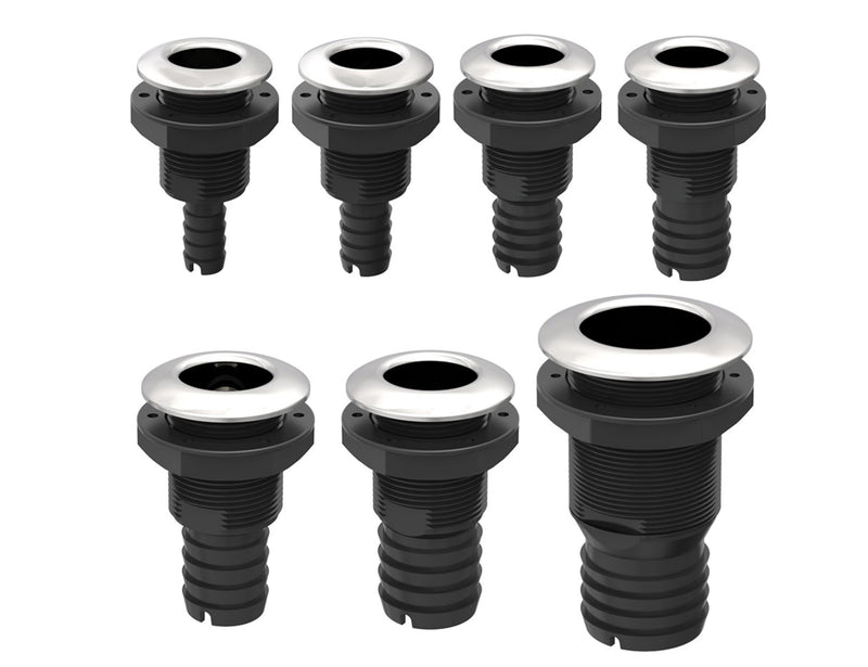 SEAFLO Thru Hulls Fitting Thru-Hull with Check Valve, 5/8”, 3/4”, 1”, 1-1/8”, 1-1/4”, 1-1/2”, or 2” Sizes, White/Black, Polypropylene/Nylon, 4-Year Warranty, (Choose Color, Size, and Pack Size) 1-1/2" 1-pack Stainless-Steel Capped