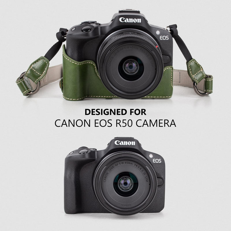 MUZIRI KINOKOO Protective Case for Canon EOS R50/R100 Camera and 18-45mm Lens, PU Leather EOSR50 R100 Camera Bag Including Half Case, Flip Cover, Shoulder Strap and Storage Pocket - Green