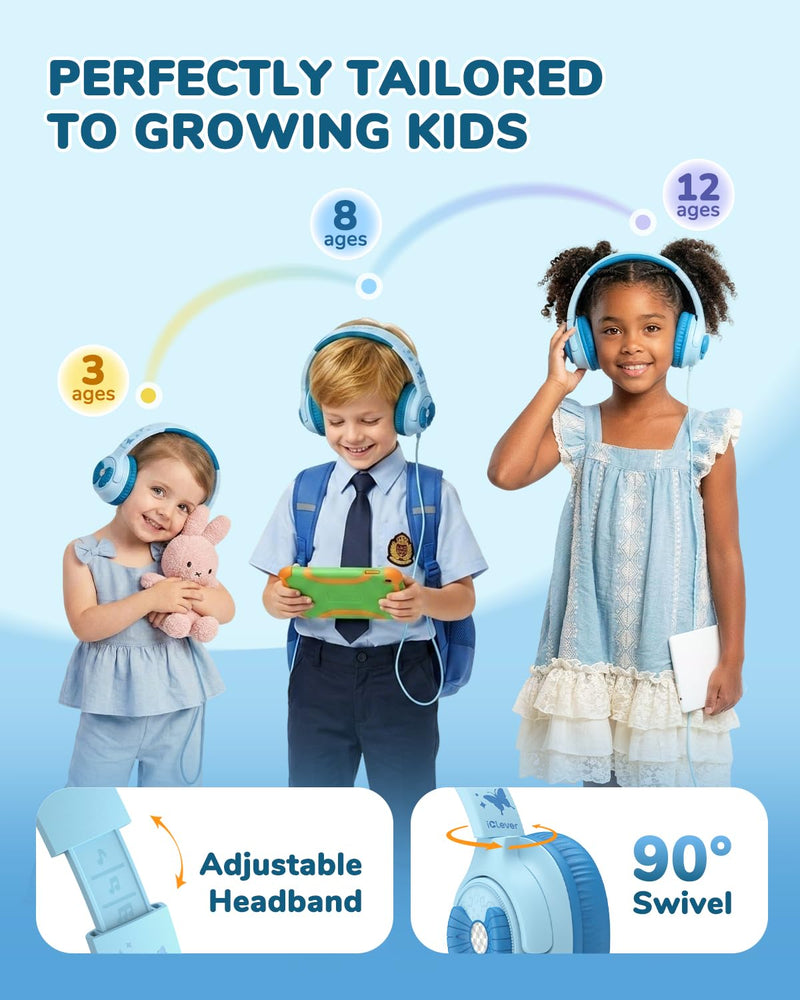iClever C371 Kids Headphones with Cord for School Boys Girls Travel Gift | SafeSound Tech3.0, Stereo Sound, 3.5mm Jack, Foldable, Durable Headband, Safe Wired Headphones for Kids, Powder Blue Blue Powder
