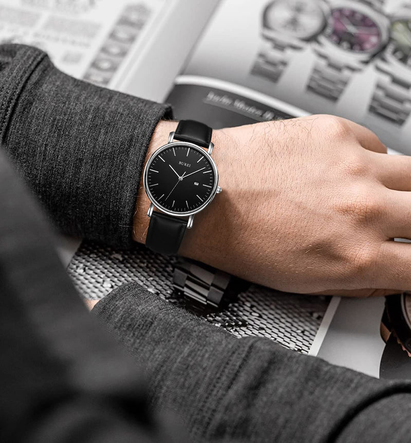 BUREI Men Watches Brown Leather Fashion Minimalist Wrist Watch Simple Ultra Thin Waterproof Quartz Watches All Black Stainless Steel Mesh Band,Gift for Men Women