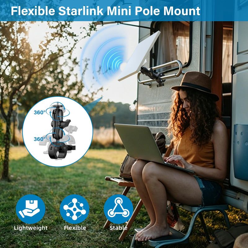 BURMONG 2026/2025 Starlink Mini Clamp Mount, Star Link Mini Pipe Mount with 2025 Pipe Adapter, Aluminum Alloy Adjustable Mounting for Camper, RV Ladder, Pole, Yacht, Guardrails (1/4"-20 Thread)