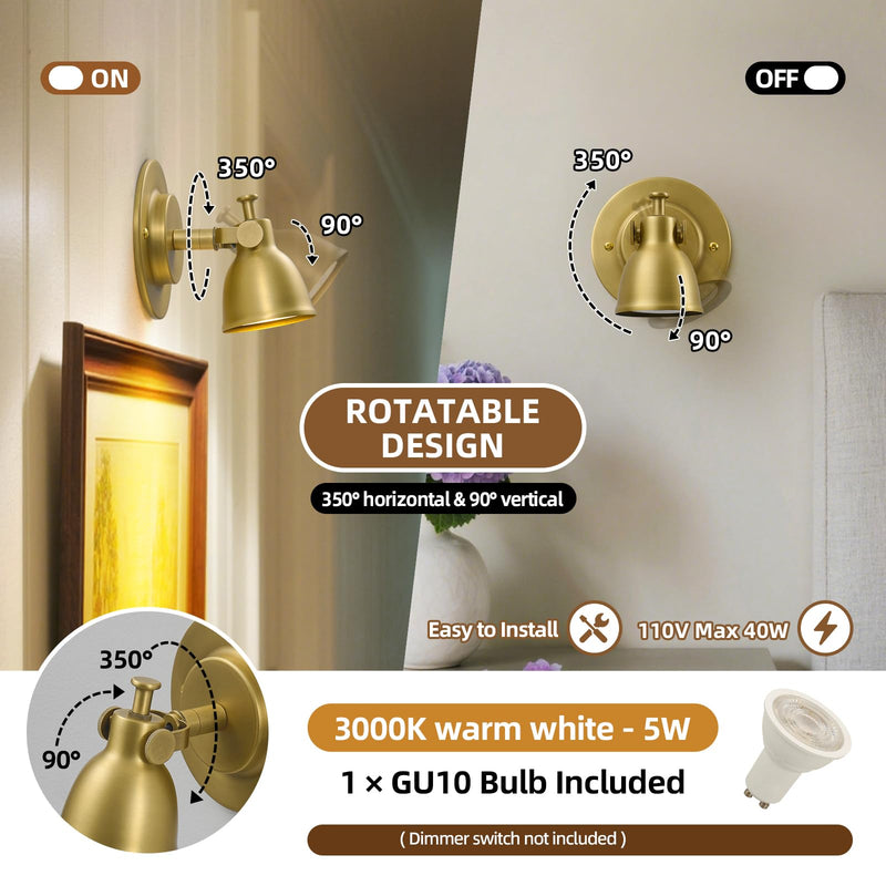 Gold Small Wall Sconce Hardwired Single - Brass Vintage Dimmable Indoor Bell Light Fixture for Bathroom Vanity Bedroom Bedside Reading Hallway Living Room Kitchen Gallery Hall Picture Lamp Gold（Brass） 1 Pack