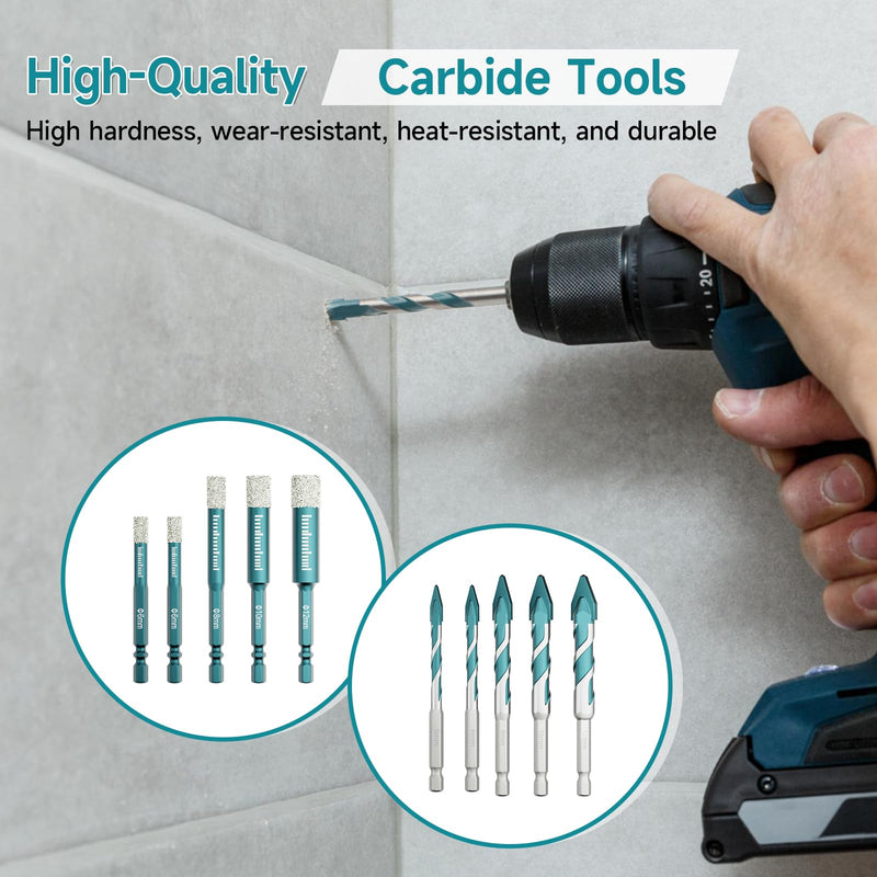 Diamond Drill Bits Set 10Pcs,Drill Bits for Drilling Holes in Procelain,Glass,Ceramic and Tile,3/16”1/4”5/16” 3/8”1/2”Hex Shank Tile Drill Bit for Precise Drilling