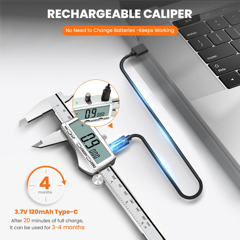 HARDELL Digital Caliper, Rechargeable Calipers with Large LCD Screen, Stainless Steel Caliper Measuring Tool, Auto-Off, Inch/MM/Fraction for DIY/Household/3D-printing 6 Inch