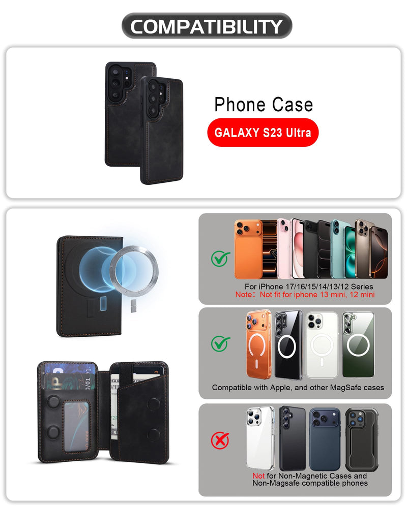 Magnetic Detachable Wallet Case for Samsung Galaxy S23 Ultra with Kickstand,2-in-1 MagSafe Compatible RFID Blocking Card Holder,Slim PU Leather Cover Black