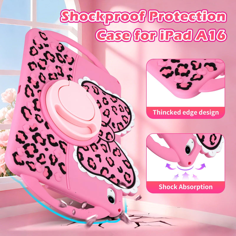 JAKPAK Kids Case for iPad (A16) 11th 10th Generation 11" 2025/10.9 in 2022 | Built-in 360° Rotating Kickstand, Double Handle, Cute Bow Leopard Print Soft Silicone Cover, Girly Kids Friendly, Pink