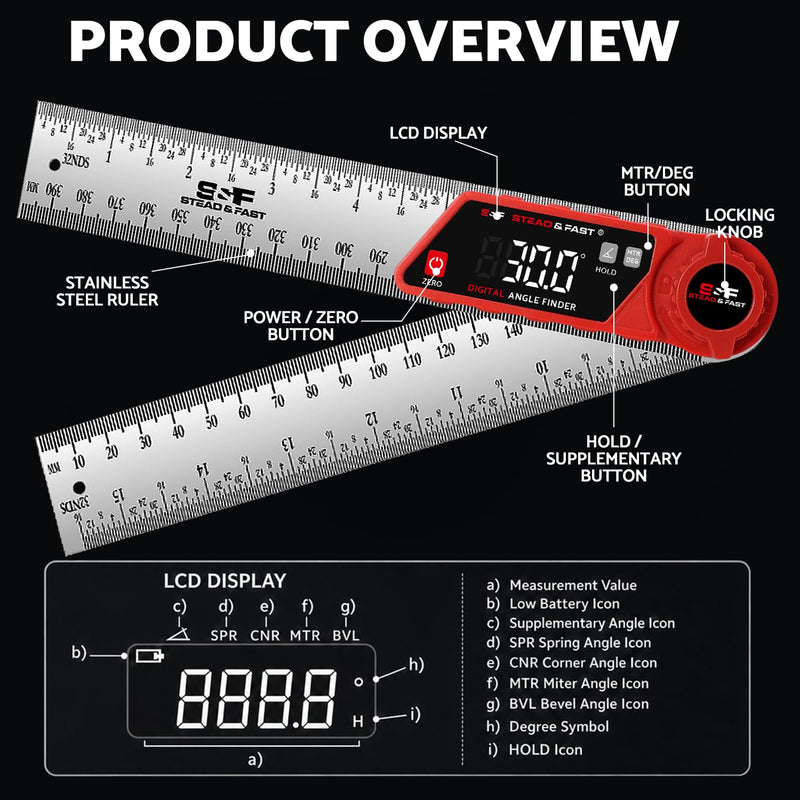 S&F STEAD & FAST Digital Angle Finder with Miter Button, 7 Inch / 200 mm | Secure lock knob, XL LED Display, Stainless steel arms, High-precision, Versatile protractor, for Miter saw & Crown molding Red