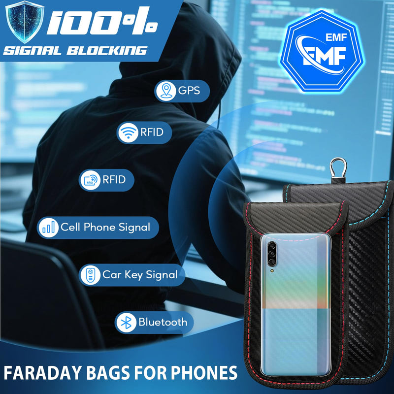 Faraday Bags for Phones and Car Key, Carbon Fiber Surface Signal Blocking Pouch, Go Dark Bags for Cell Phones, Car Key/WiFi/RFID/GPS Signal Blocker with Red Blue Stiching Red and Blue