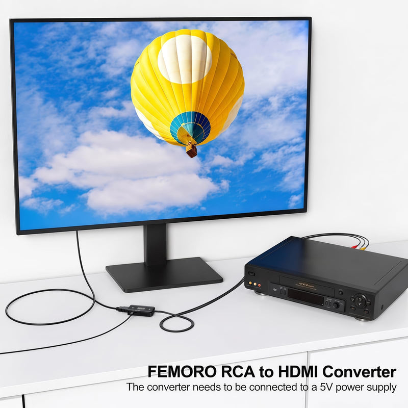 VCR to HDMI Converter, Red Yellow White AV RCA to HDMI Adapter 720P/1080P | Analog Signal for VCR/ VHS/DVD Player Set Top Box SNES PS1 XBOX to TV Monitor RCA Male to HDMI Male