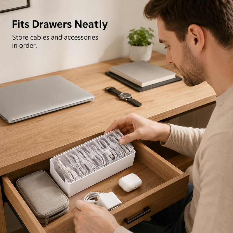 8 Pcs Cable Organizer Storage Box, Desktop Cord Management Organizer with 7 Switch Small Boxes, Clear Home Perler Beads Case for Stationery Supplies Desk Electronic Accessories, White