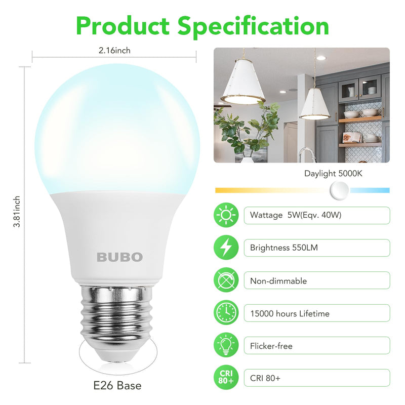 BUBO 36 Pack A19 LED Light Bulbs, 40 Watt Equivalent Daylight 5000K, E26 Base, Efficient 5W, 550 Lumens, Non-Dimmable LED Bulbs, 80+ CRI, Ideal for Home Office Kitchen