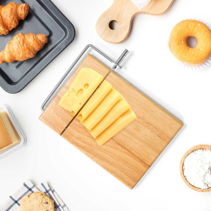 LZMS Wooden Cheese Cutting Board, Cheese Slicer Kit with Replaceable Stainless Steel Cutting Wire, Guillotine for Effortless Block Cheese, Sausage, Ham and Jerky Slicing (Rubberwood) Rubberwood