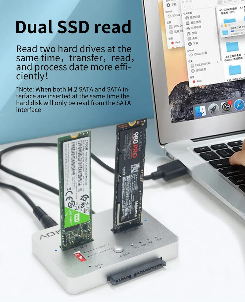 AOKO M.2 Duplicator NVMe to SATA SSD Cloner Docking Staion for NVMe + M.2 NGFF and 2.5" /3.5" SATA SSD/HDD Converter, Tool-Free and Two-Way Offline Cloning NVMe to SATA HDD Duplicator