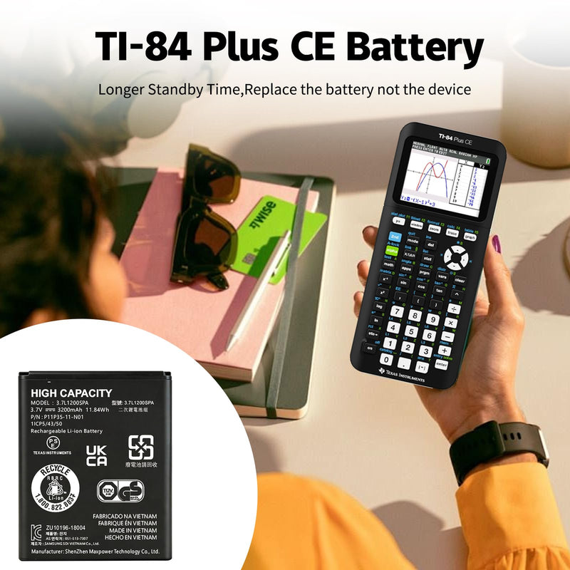 1-Pack TI-84 Plus CE Battery+Charger for Texas Instruments,𝗨𝗽𝗴𝗿𝗮𝗱𝗲𝗱 High Capacity 0 Cycle,P11P35-11-N01 Battery,Part No 3.7L1200SPB 3.7V TI-Nspire CX II TI-Nspire CX II CAS