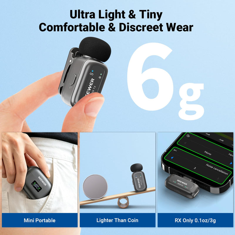 NEEWER KM19 Wireless Lavalier Microphone Compatible with iPhone 17 16, Gray | Compatible with iPhone Android & PC, Mini Lav Mic, App Control, 3 Level Noise Cancelling, 30h Battery, 100m, Video Recording
