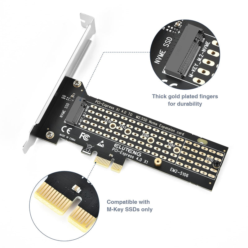 ELUTENG M.2 NVMe PCIe 4.0 Adapter NVME SSD to PCIe X1 Conversion Adapter M.2 Expansion Card Low Profile PCIe NVMe SSD Convertor Compatible for M-Key/B&M key 2230 2242 2260 2280 22110 SSD