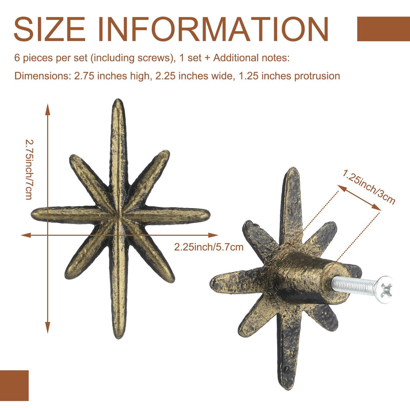 6 Set Unique Antique Gold Cast Iron Drawer Pulls & Cabinet Knobs, 8-Pointed Star Unique Cabinet Knobs, Add Mid-Century Modern Charm to Your Decor with Elegant Burst Design 6