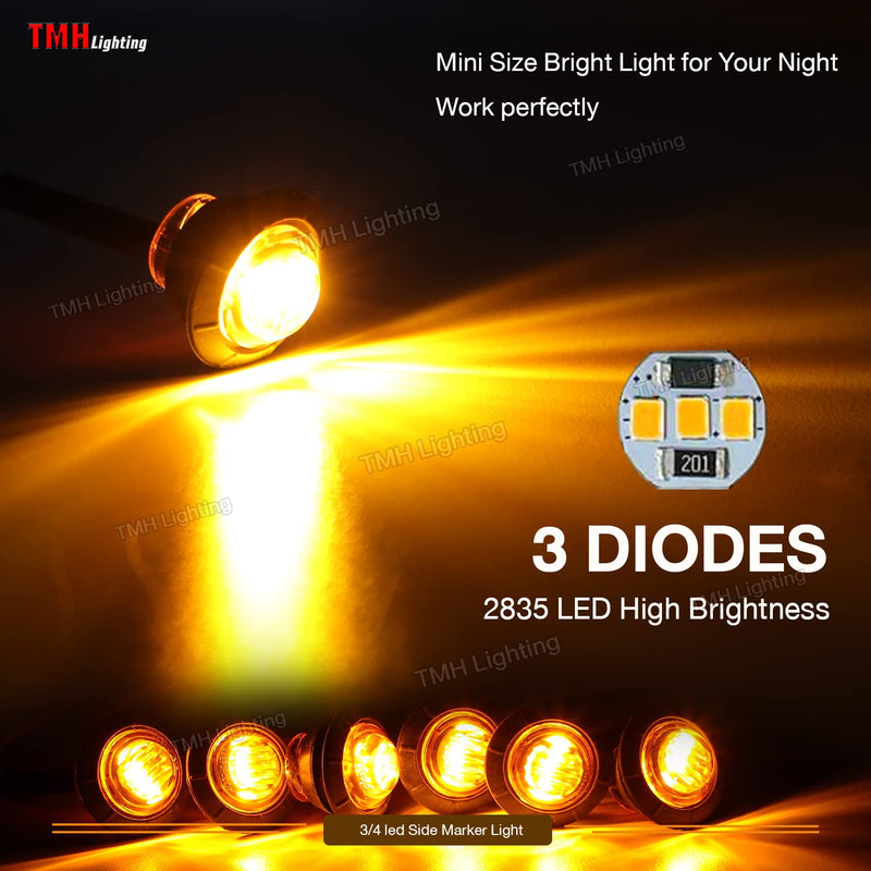 TMH 50 pcs 3/4 Inch Mount Amber 3 LED Mini Round Trailer Side Marker Indicator Lights Clearance Button Signal Lamps Universal for Trucks Lorry Boat Pickup Bus Caravan RV Waterproof Sealed Bulbs 12V DC 50pcs Amber