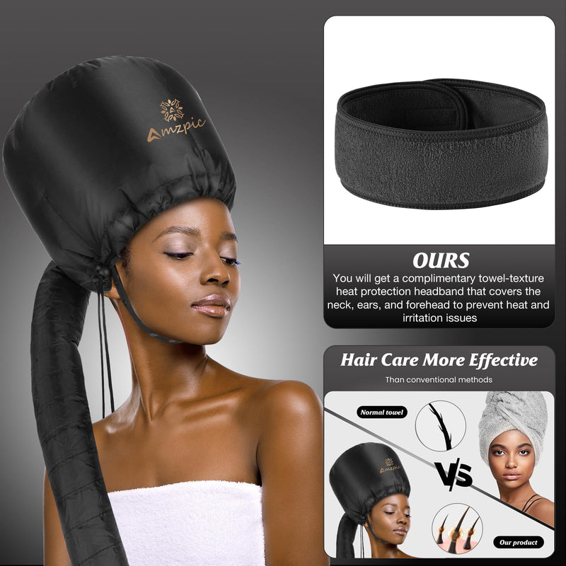 Bonnet Hood Hair Dryer Attachment - Soft, Adjustable Extra Large Bonnet Hair Dryer for Speeds Up Drying Time at Home, Easy to Use for Styling, Curling and Deep Conditioning (Black) Black