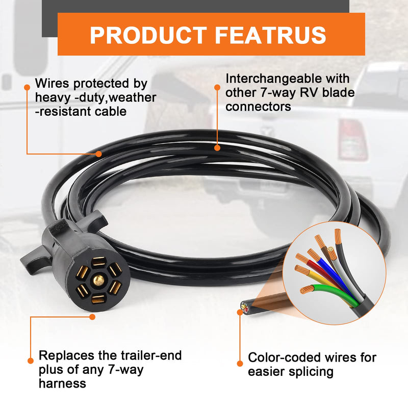Gilardino 7 Way Trailer Plug, 7 pin Trailer Wiring Harness, 8 Feet 7-Wire Trailer Adapter Cord for RV