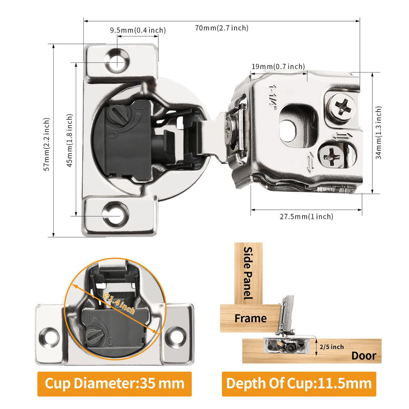 Chibery 10 Pack 1-1/4" 4D Overlay Soft Close Concealed Hinges for Face Frame Door, Control Closing Speed, Smooth Slow Self Close Hinges, Satin Nickel, 105° Open Angle Stainless Steel Cabinet Hinges 1-1/4 inch Overlay