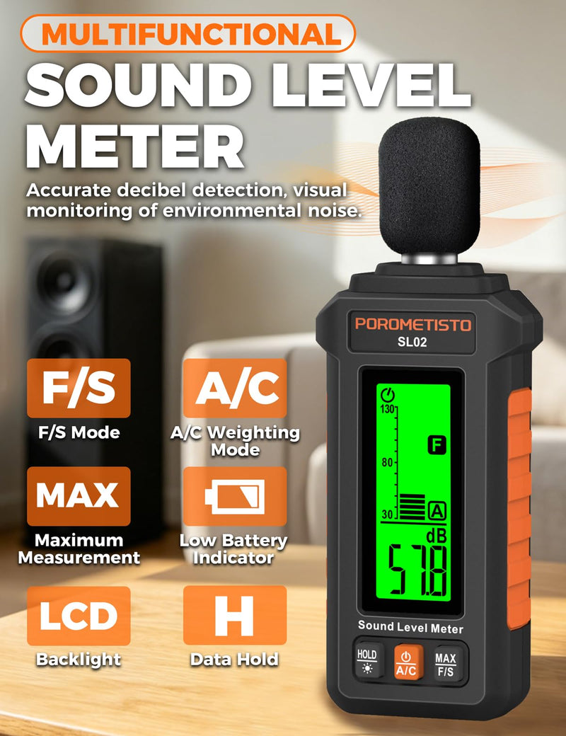 Sound Level Meter, POROMETISTO 30-130dB Noise Decibel Meter with A/C Weighted, ±1.5dB Accuracy, Data Hold, SPL Tester for Home, Factory, Office & Noisy Neighbors