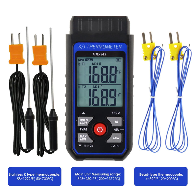 Thermocouple Thermometer Digital K Type Thermometer with 4 Thermocouples, -328~2500℉ Measuring Range HVAC Dual Channels Temperature Meter Gauge with LED Backlight & ADJ Compensation Black