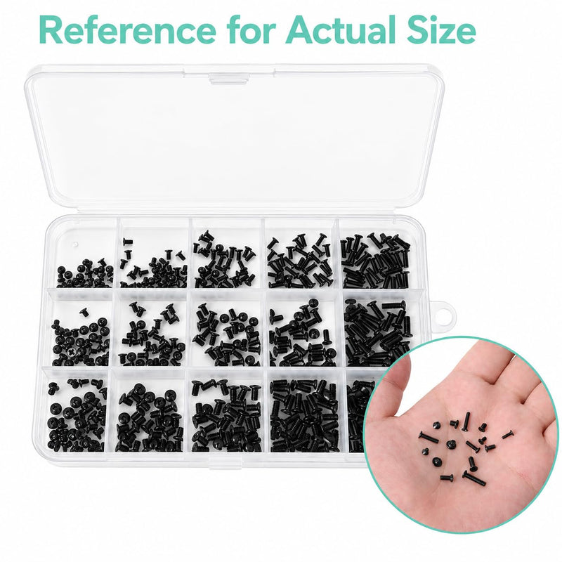 Laptop & PC Screw Kit, 450 Pcs, 15 Sizes, M2/M2.5/M3, Flat Head | Black carbon-steel flat-head Phillips screws with a mini screwdriver and labeled storage case for laptop, SSD and HDD repair