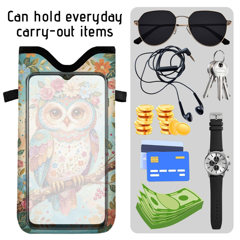 GLOBLELAND Owl Cell Phone Sleeve Pouch Case Bag 7.1×3.9 inch Flowers Leaves Shockproof Universal Phone Bag with Crossbody Strap Neck Lanyard for Women Men Phone Headphones Watch