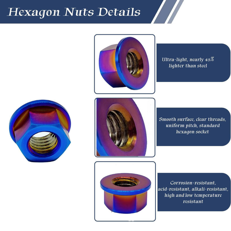 RISON Titanium Nut Titanium Flange Nut M10x1.25mm Titanium Sprocket Nut Burnt Blue 6AL4V Titanium Flange Nut for Motorcycle 5PCS