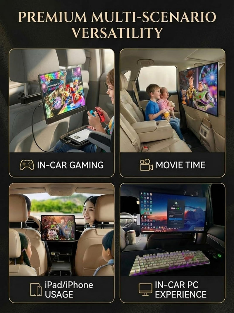 Heavy Duty Car Headrest Mount for 15.6" Portable Monitor, 2-in-1 VESA&Clip Tablet Holder for 4.7-20" Screens, Backseat Gaming Holder Compatible with Monitors, iPad, Stable Road Trip Stand for Kids