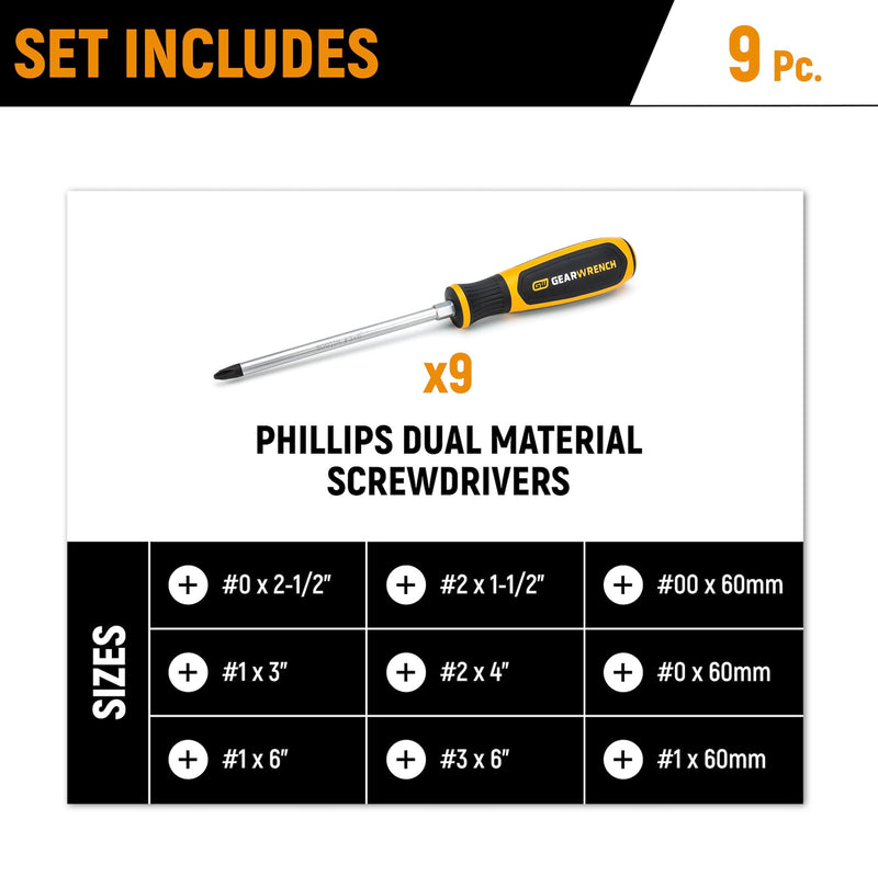 GEARWRENCH 9 Piece Phillips Dual Material Screwdriver Set in Foam Storage Tray - GWMSSCRPH