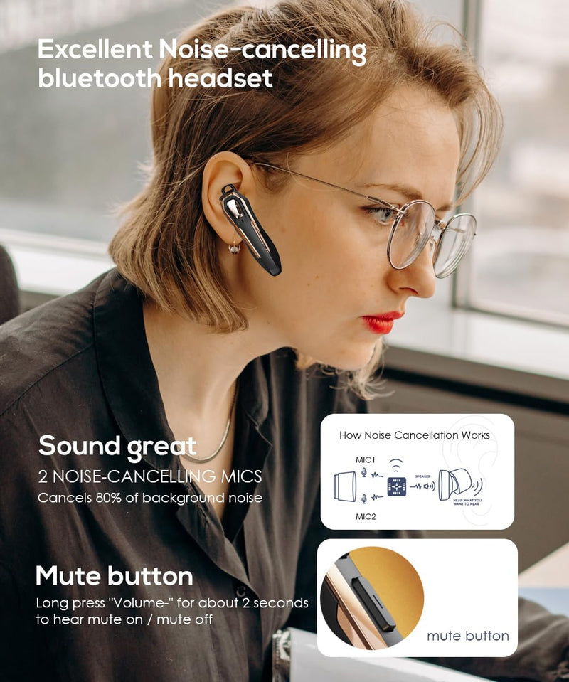 Single Ear Bluetooth Headset V5.4 36Hrs Talk Time, Bluetooth Earpiece | Noise Canceling Microphone, Hands-Free Wireless Headset for Driving/Office/Business, Crystal Clear Calls, Lightweight (Gold) Gold