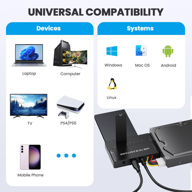 3-in-1 External SSD Enclosure for NVMe M.2 SATA/IDE 2.5"/3.5" HDD - Tool-Free USB 3.2 Gen 2 (10Gbps) Type-C Hard Drive Adapter for 2230/2242/2260/2280 & 3.5" IDE Drives