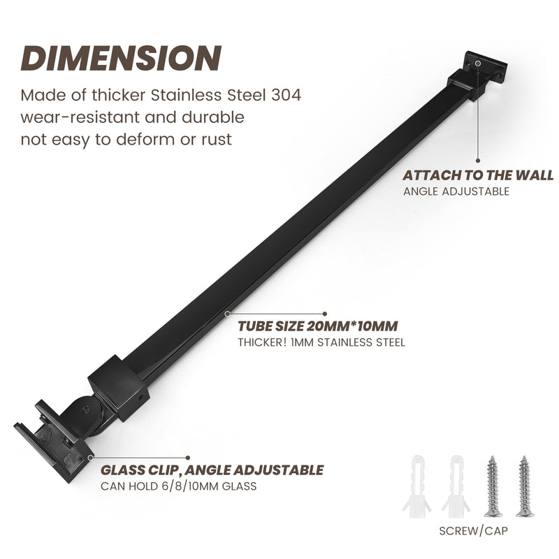 Shower Glass Door Support Bar, Wall-to-Glass Brace for 1/4"(6mm), 5/16"(8mm), 3/8"(10mm) Frameless Glass Panel, 18 Inch Long Stainless Steel Shower Rod, Matte Black