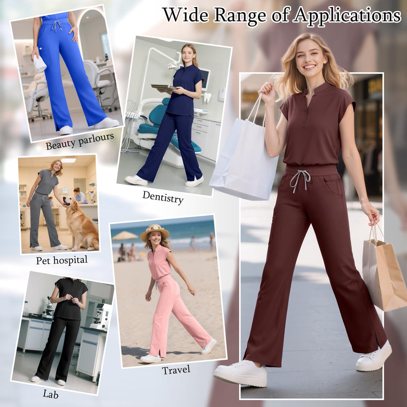 Women's Sleeveless Scrub Set,9-Pocket Straight Leg, Yoga Waist | Stand-up collar top, straight leg pants w/ side slits. Soft stretch knit. Yoga waist. Wrinkle-free. For nurses/docs/vets. Medium Royal Blue