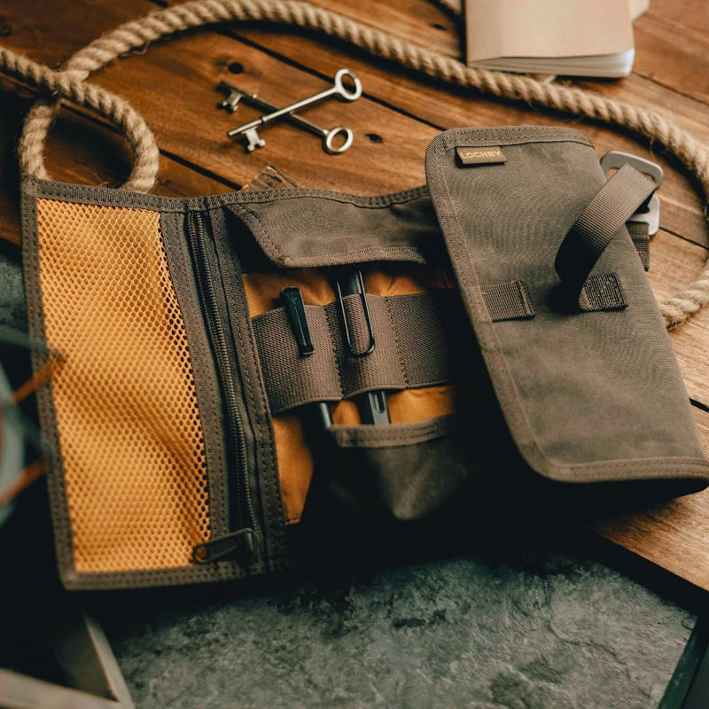 LOCHBY® Art & Electronic Organizer | EDC Roll-Up Tool Bag for Pen Lovers & Tech | Multi-Pocket with Elastic Loops for Pens, Cables, External Hard Drives | Stylish Waxed Canvas & Durable Aluminum Hooks Brown