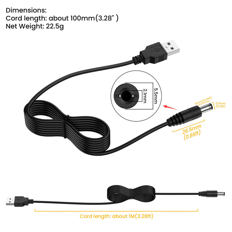 3 Pack USB to DC 5V Power Cord, USB 2.0 A Male to DC 5.5mm x 2.1mm Power Plug Connector Charger Barrel Jack Power Cable