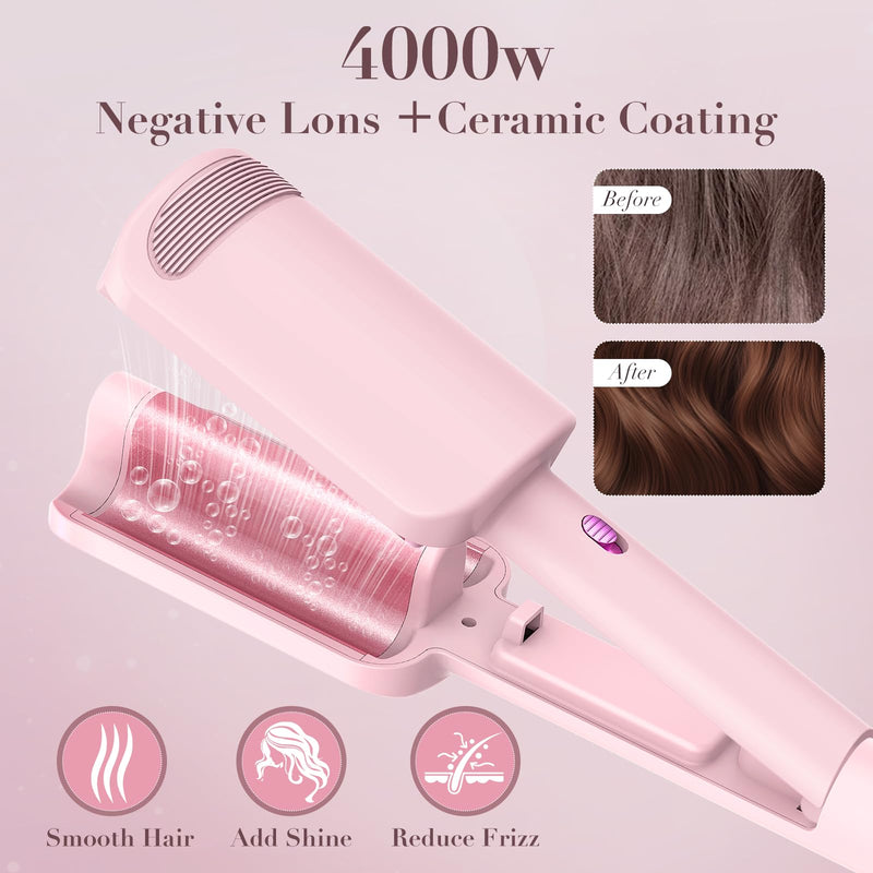 AISEELY 32MM Ceramic Curling Wand - 3 Barrel Beach Wave Hair Curler with Adjustable Temp (160°C-220°C), Anti-Scald Design & Travel Lock | Frizz-Free Waves for All Hair Types | Pink