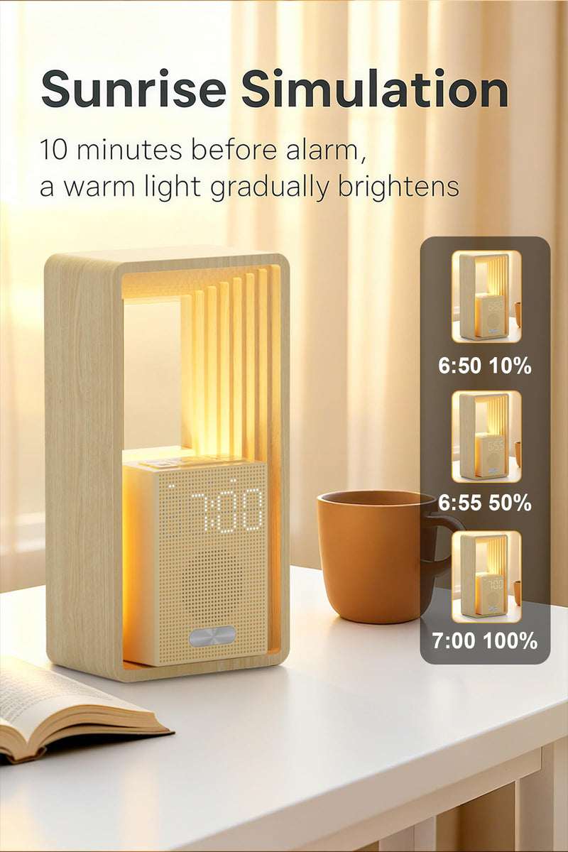 Sunrise Alarm Clock with Wake-Up Light: Dual Alarm White Noise Sound Machine with USB Charger, 9 Sleep Aids, Dimmable Display, Auto Timer, Ideal Night Light for Heavy Sleeper, Kid, Bedroom Wood grain color