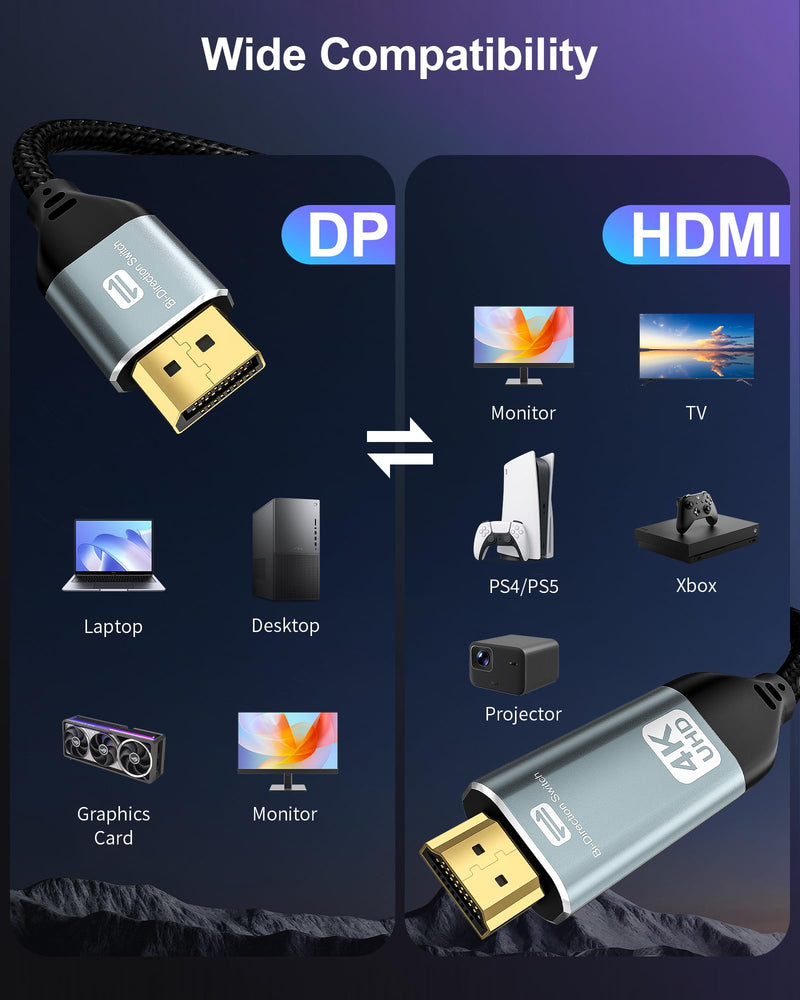 4K Bidirectional HDMI to Displayport Cable 5Ft (4K@60Hz/2K@120Hz) Male to Male Adapter Bidirectiona Display Port to HDMI Braided Cord, DP to HDMI Compatible with PC,Laptop,AMD,NVIDIA,PS5,Xbox 5 Feet