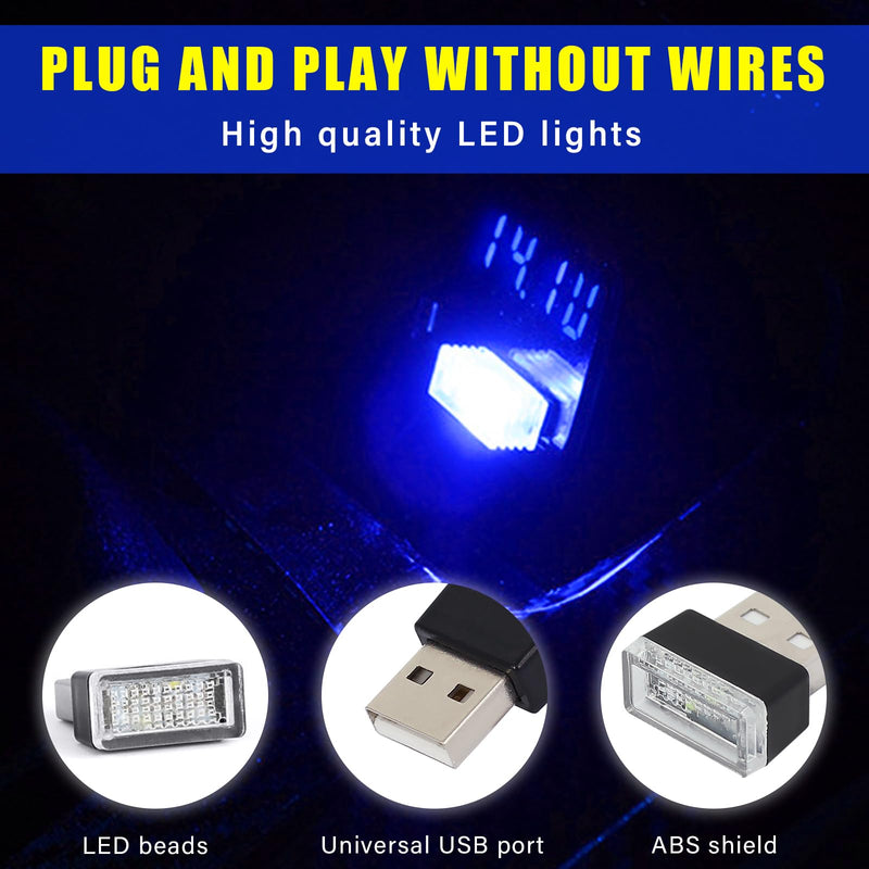 Augeny 4 PCS USB LED Car Interior Atmosphere Lamp, Plug-in USB Decor Night Light, Portable Auto Ambient Lighting Kit, Universal Vehicle Interior Accessories for Most Cars (Blue) Blue