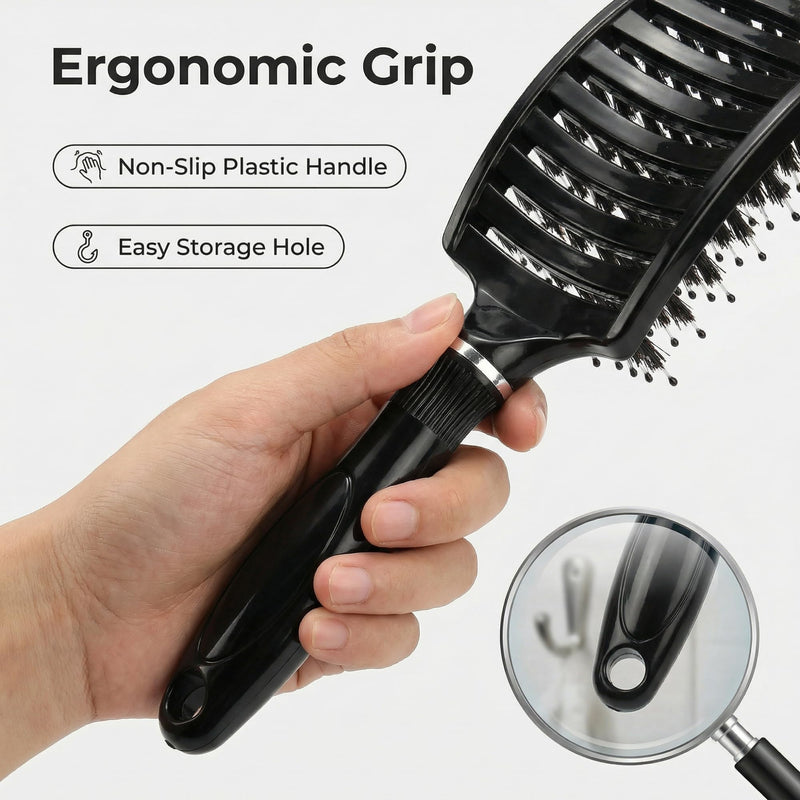 Hair Brush, JT JUSTIME Boar Bristle Hairbrush Set for Women Men Thick, Curly, Detangling, Wet Hair (Black) Black