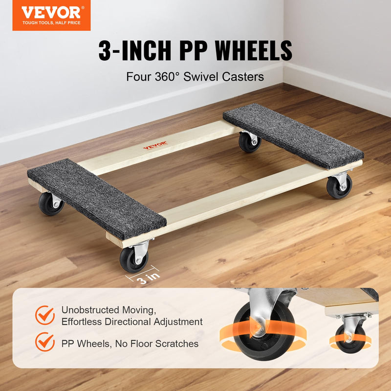 VEVOR Hardwood Furniture Moving Dolly, 30 in. x 18 in. 4 x 3 PP Swivel Casters, Heavy Duty Wooden Mover Dollies, Moving Cart with Wheels for Heavy Furniture, 1000 lbs. Capacity, 1 Pack 30in x 18in-1 Pack