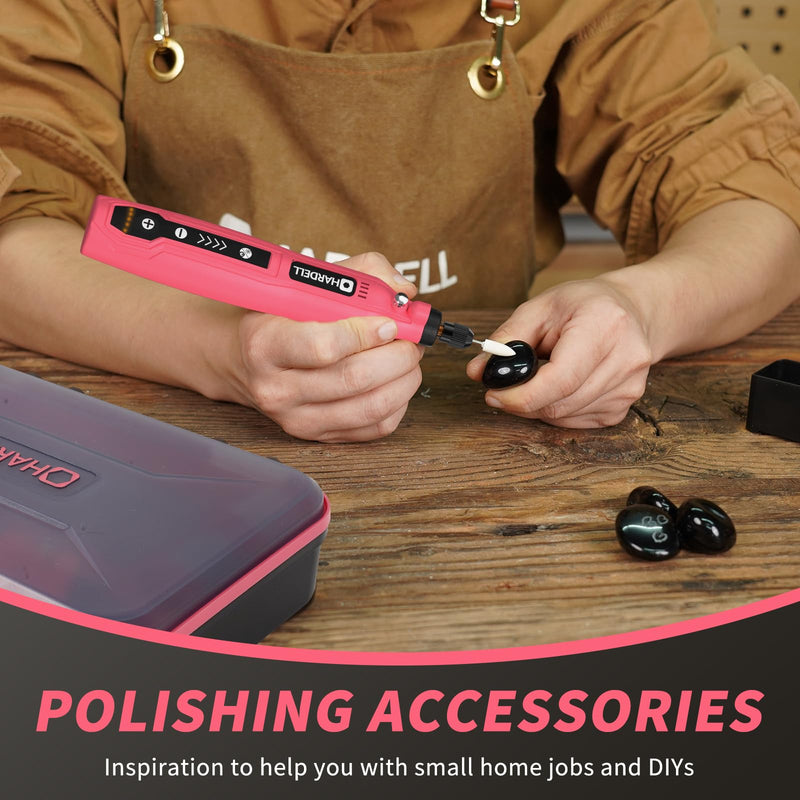 HARDELL Mini Cordless Rotary Tool, 5-Speed 3.7V Rechargeable Rotary Tool Kit with 129Accessories, USB Charging Multi-Purpose DIY Tool for Sanding, Polishing, Drilling, Engraving, Woodworking(Pink 129) Pink-129 accessories
