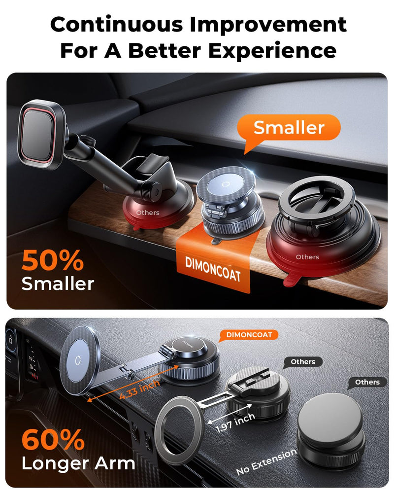 Vacuum Magnetic Car Phone Holder for Magsafe, Long Arm for Tesla Model Y/3 | All Metal, Nano Gel 119+LBS Max Suction,Foldable Hidden Tesla Phone Mount,360°Rotation,Easiest Car Mount for iPhone & Android Black