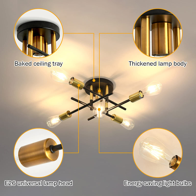 UOFUS Farmhouse 5-Light Semi Flush Mount Ceiling Light Fixture with E26 Modern Matte Black and Gold Chandelier Sputnik Ceiling Lamp for Hallway Kitchen Dining Room Bedroom Study Living Room Bathroom 5 light